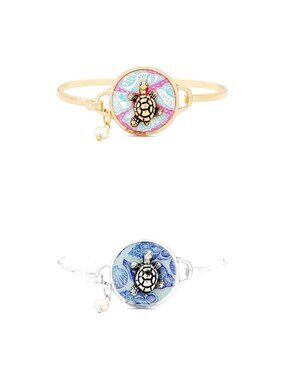 2 Sea Turtle Charm Bangle Bracelets - Gold Pink + Silver Blue Pearl Beach Set